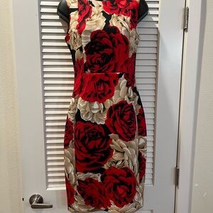 Sleeveless Red & Cream Floral Sheath Dress